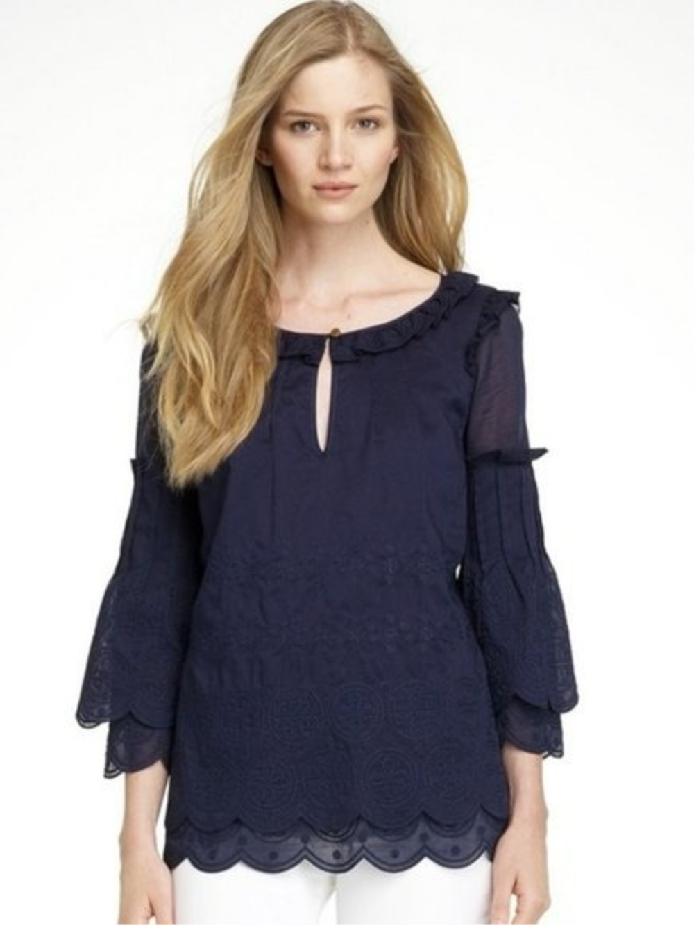 Tory Burch Chelsie Embroidered Ruffle Blouse - Navy 6